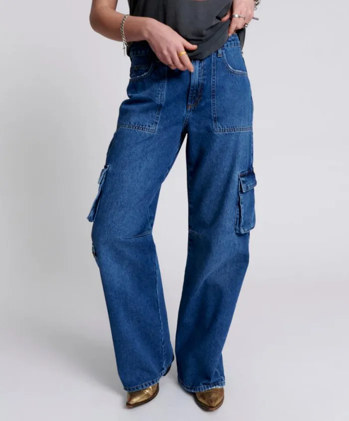 One Teaspoon Denim Jeans Women Rosewood Cargo Jackson Mid Waist Wide Leg Jeans