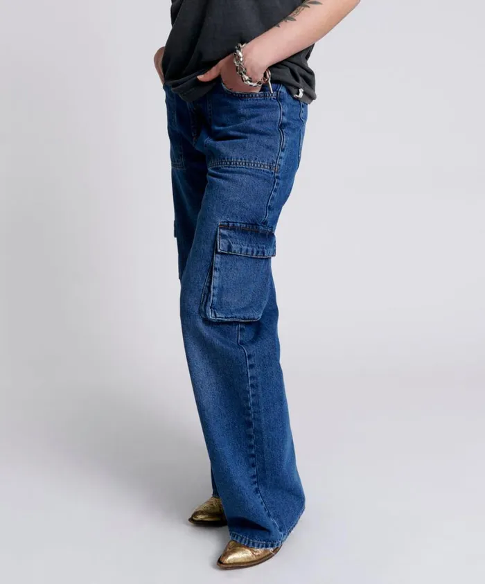 One Teaspoon Denim Jeans Women Rosewood Cargo Jackson Mid Waist Wide Leg Jeans