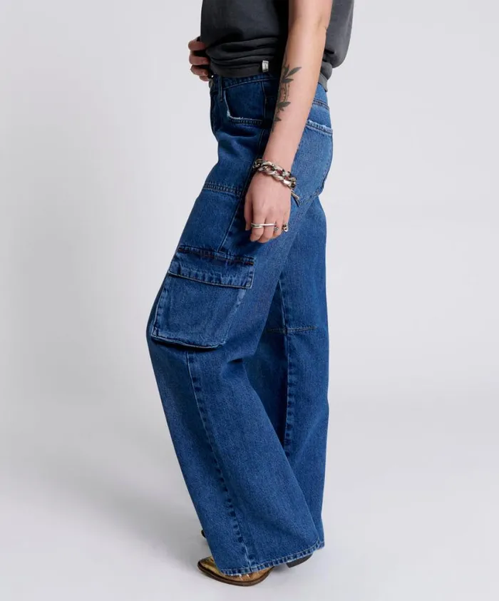 One Teaspoon Denim Jeans Women Rosewood Cargo Jackson Mid Waist Wide Leg Jeans