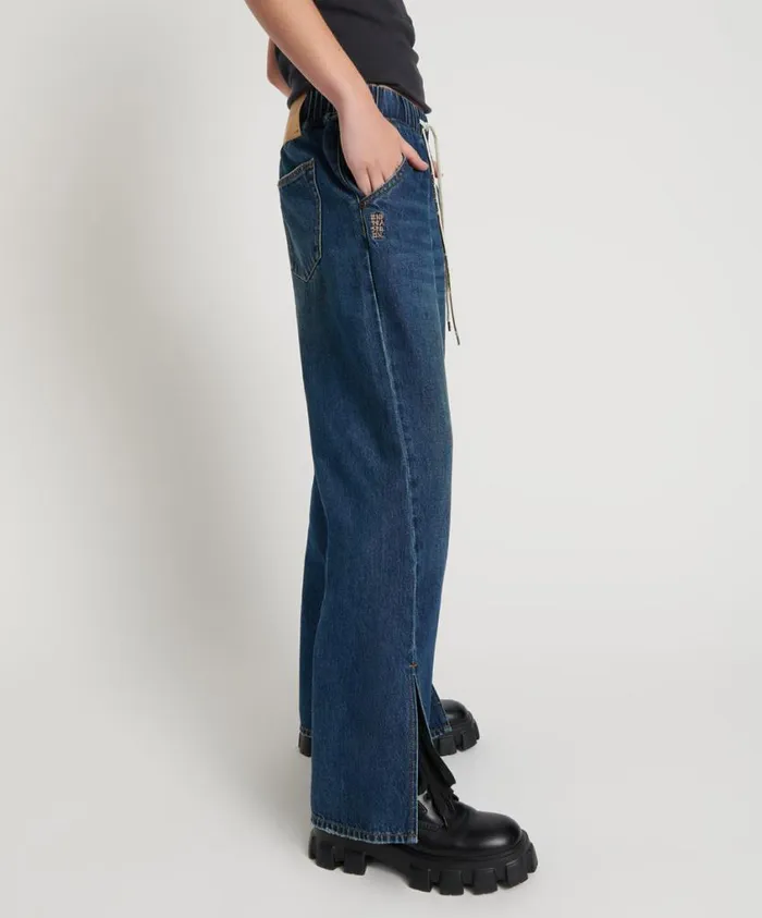 One Teaspoon Denim Jeans Women Royal Blue Wide Leg Jeans With Drawstring