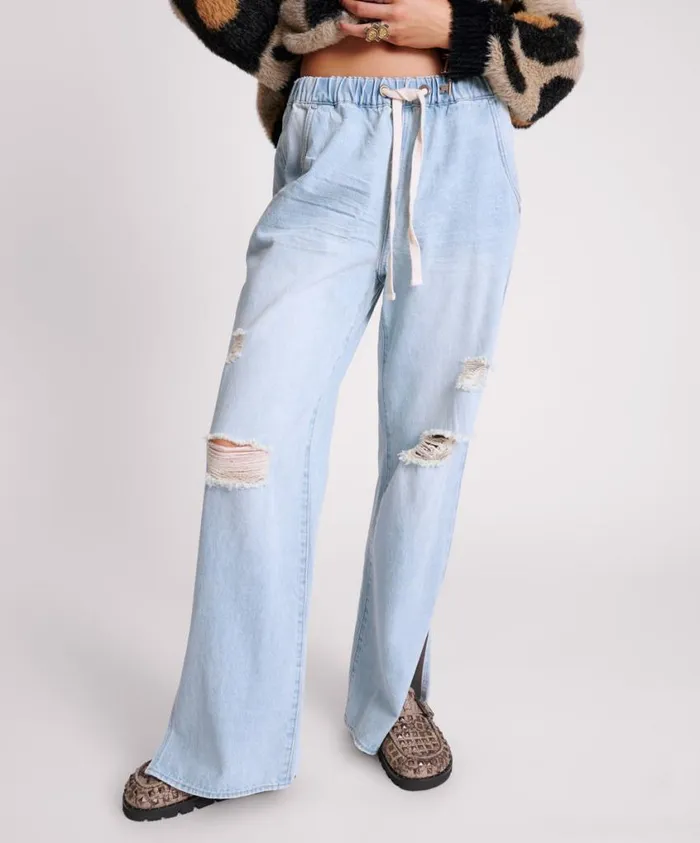 One Teaspoon Denim Jeans Women Sportster Blue Roadhouse Wide Leg Drawstring Jeans