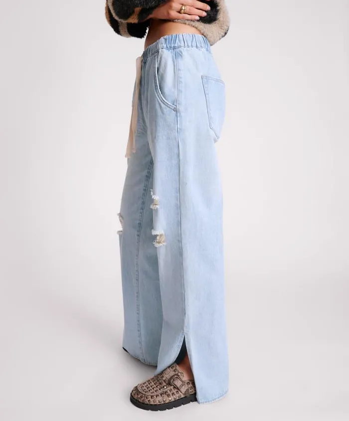 One Teaspoon Denim Jeans Women Sportster Blue Roadhouse Wide Leg Drawstring Jeans
