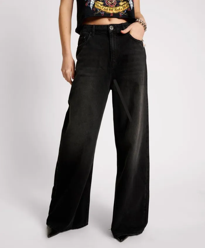 One Teaspoon Denim Jeans Women Washed Black Super Wide Leg Denim Jeans 8211 Love Machines Mid Waist