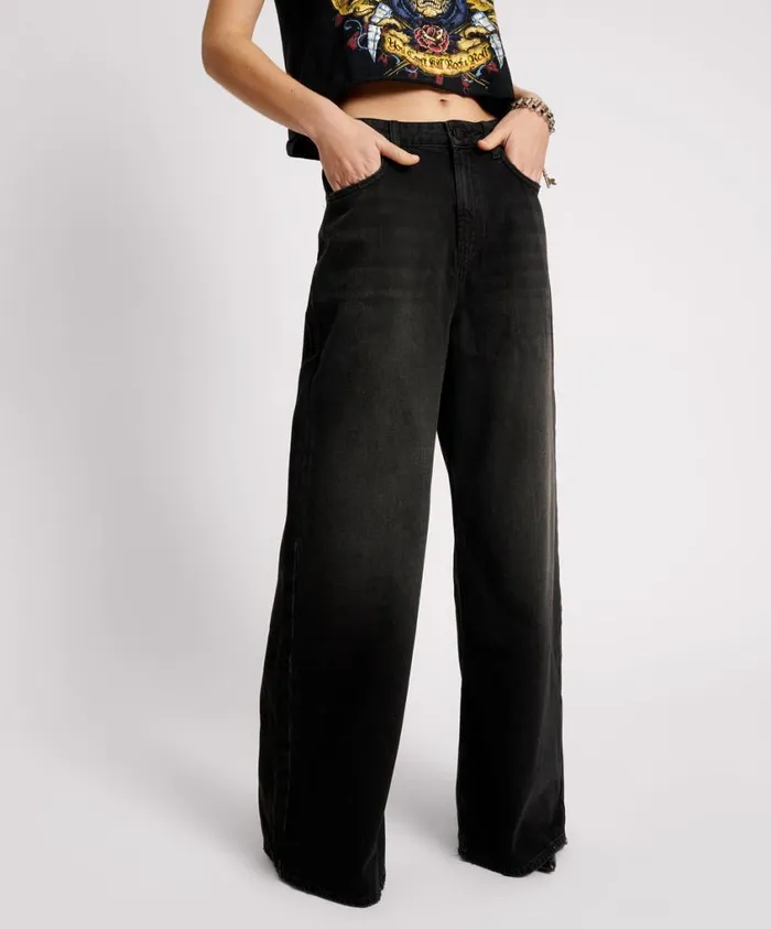 One Teaspoon Denim Jeans Women Washed Black Super Wide Leg Denim Jeans 8211 Love Machines Mid Waist