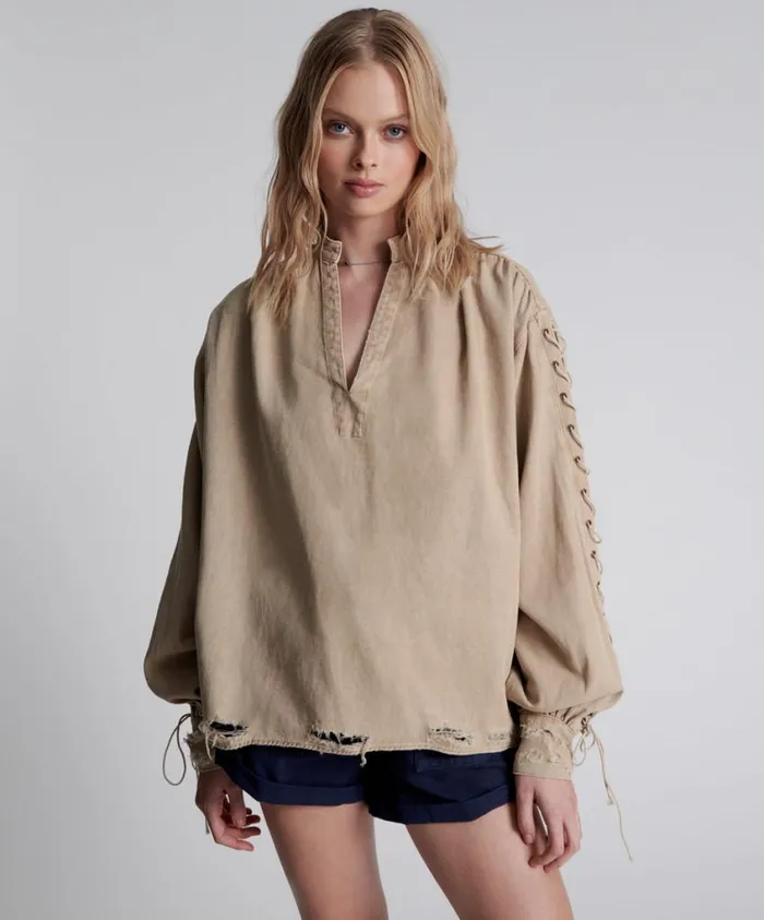 One Teaspoon Denim Shirts Women Johnny Lace Up Denim Shirt