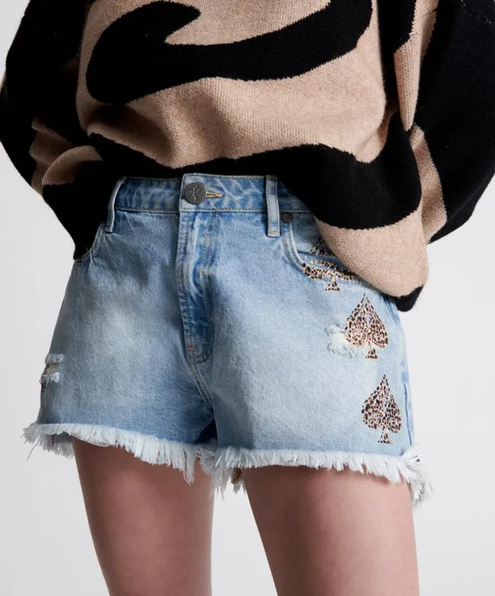 One Teaspoon Denim Shorts Women Aced Truckers Mid Waist Relaxed Short
