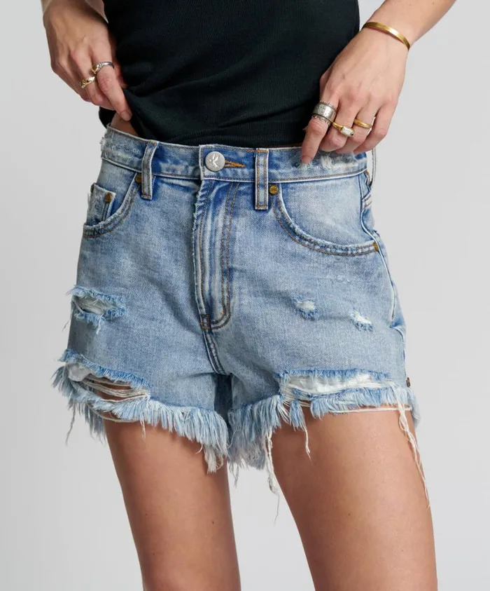 One Teaspoon Denim Shorts Women Berlin Blue Truckers Mid Waist Relaxed Short Blue