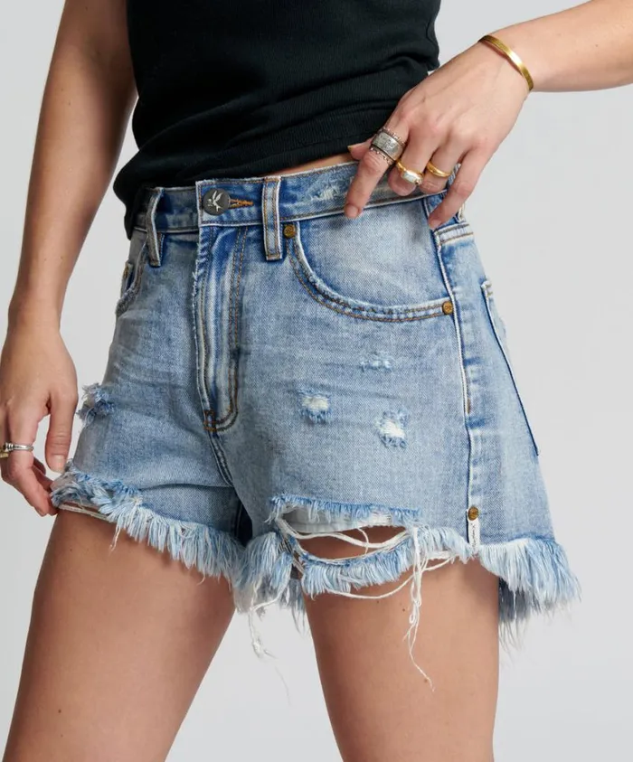One Teaspoon Denim Shorts Women Berlin Blue Truckers Mid Waist Relaxed Short Blue