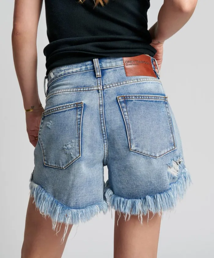 One Teaspoon Denim Shorts Women Berlin Blue Truckers Mid Waist Relaxed Short Blue