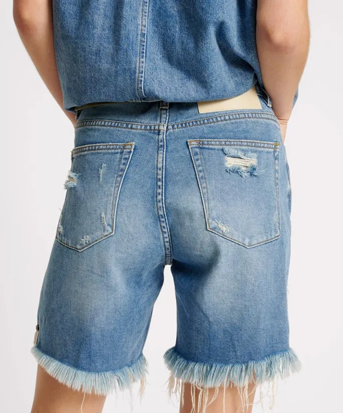 One Teaspoon Denim Shorts Women Blue Rapture Stevies High Waist Long Length Boyfriend Shorts
