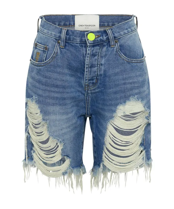 One Teaspoon Denim Shorts Women Blue Rapture Stevies High Waist Long Length Boyfriend Shorts