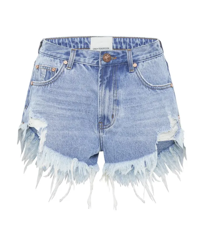 One Teaspoon Denim Shorts Women Bolt Blue Outlaws Mid Waist Denim Short