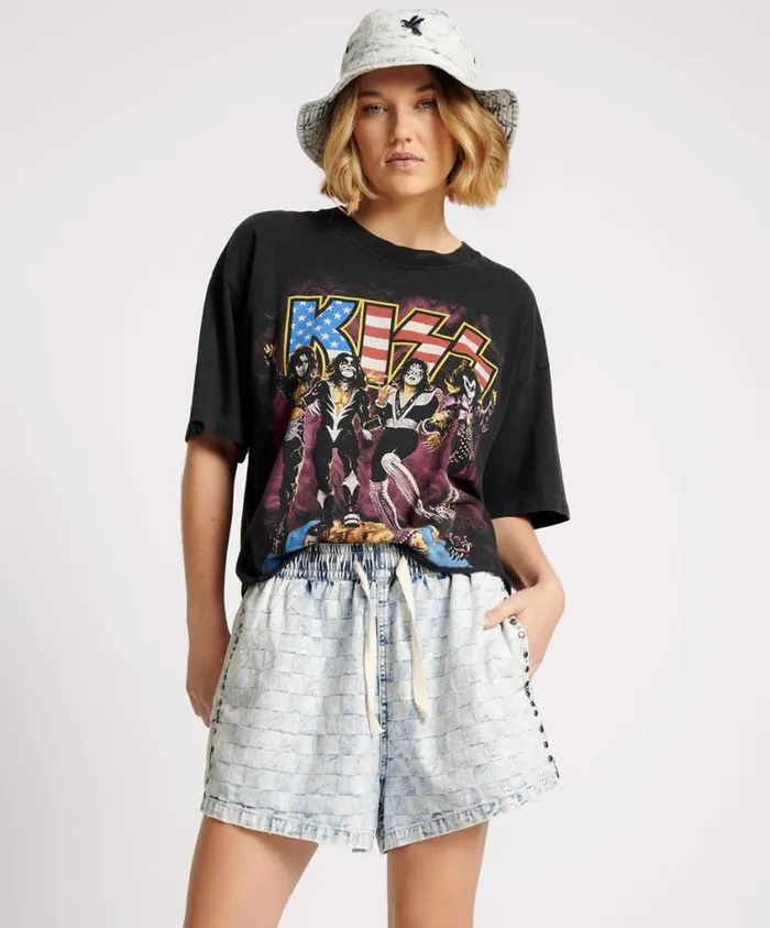One Teaspoon Denim Shorts Women Checkmate Studded Denim Boxer Shorts