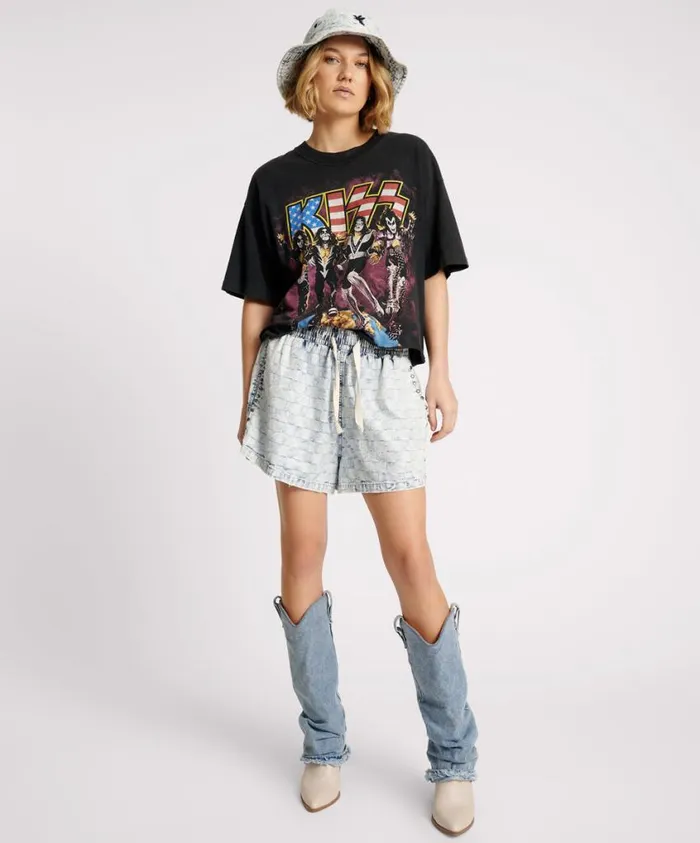 One Teaspoon Denim Shorts Women Checkmate Studded Denim Boxer Shorts