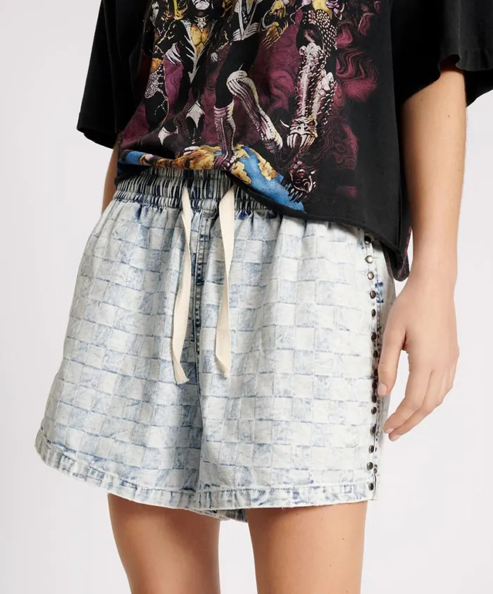 One Teaspoon Denim Shorts Women Checkmate Studded Denim Boxer Shorts