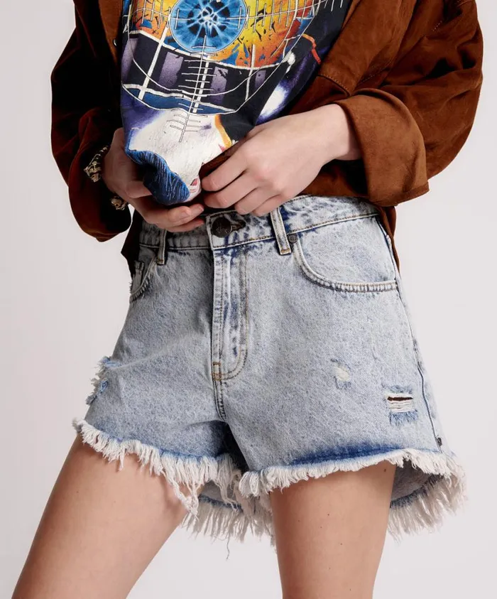 One Teaspoon Denim Shorts Women Circus Blue Trucker Mid Waist Denim Short