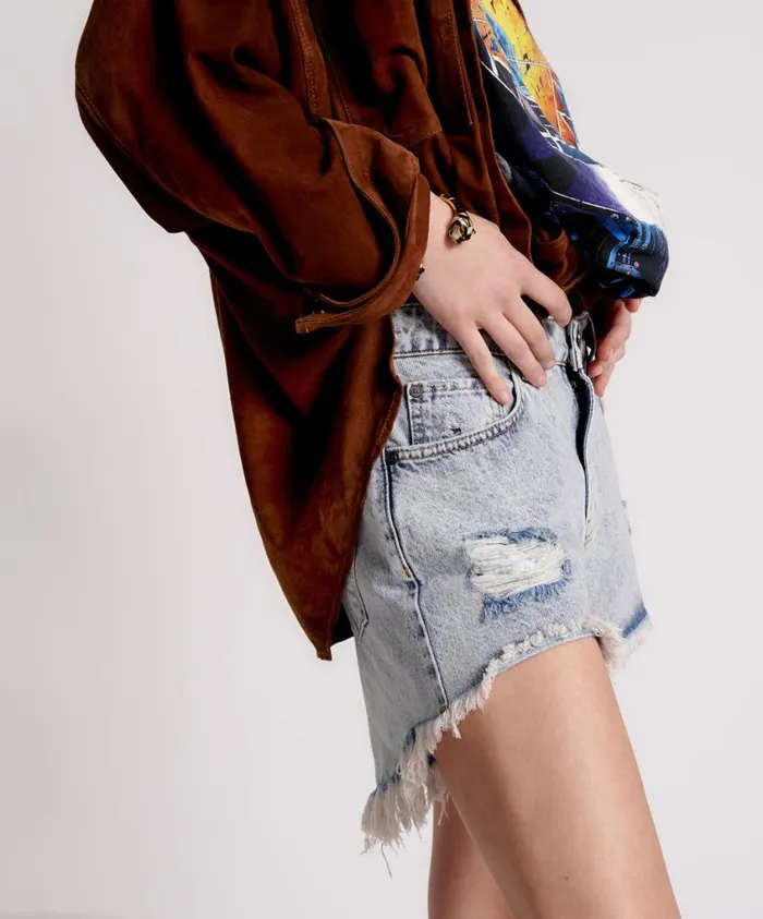 One Teaspoon Denim Shorts Women Circus Blue Trucker Mid Waist Denim Short
