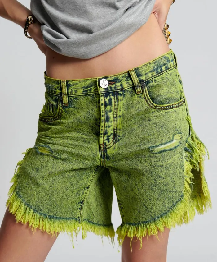 One Teaspoon Denim Shorts Women Cyber Lime Frankies Long Length Boyfriend Short