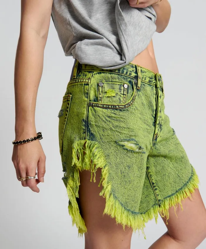 One Teaspoon Denim Shorts Women Cyber Lime Frankies Long Length Boyfriend Short