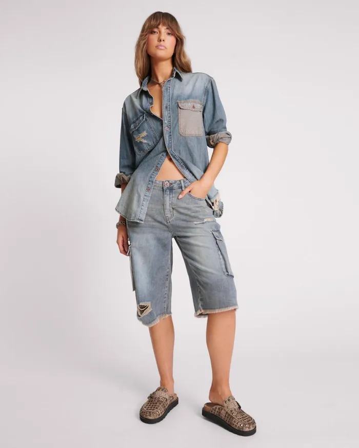One Teaspoon Denim Shorts Women Dirty Blue Skater Girl Wide Leg Shorts