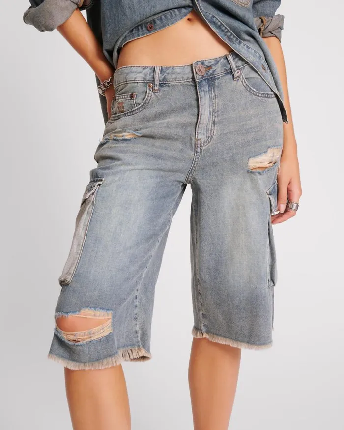 One Teaspoon Denim Shorts Women Dirty Blue Skater Girl Wide Leg Shorts