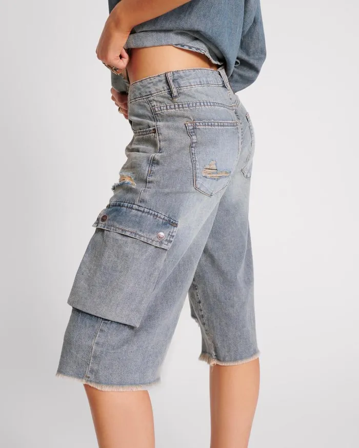 One Teaspoon Denim Shorts Women Dirty Blue Skater Girl Wide Leg Shorts