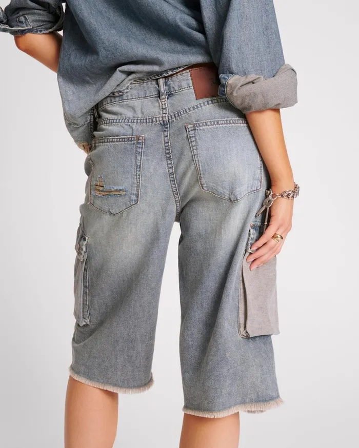 One Teaspoon Denim Shorts Women Dirty Blue Skater Girl Wide Leg Shorts