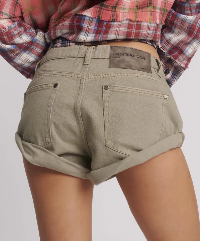 One Teaspoon Denim Shorts Women FADED KHAKI BANDITS LOW WAIST DENIM SHORTS