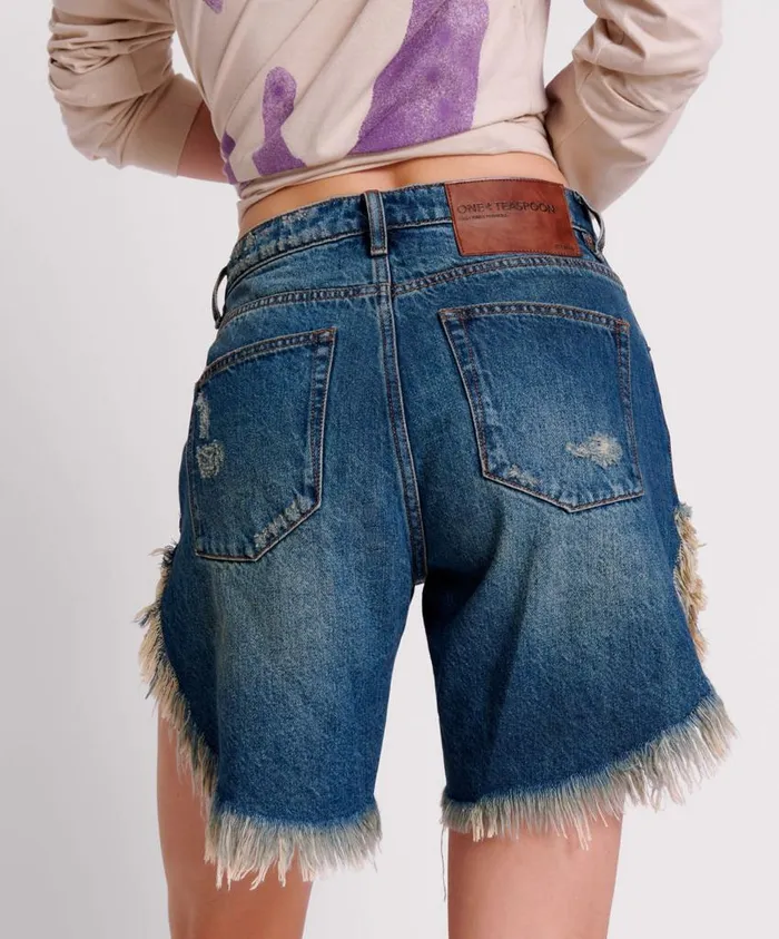 One Teaspoon Denim Shorts Women Gritty Blue Frankies High Waist Long Length Short