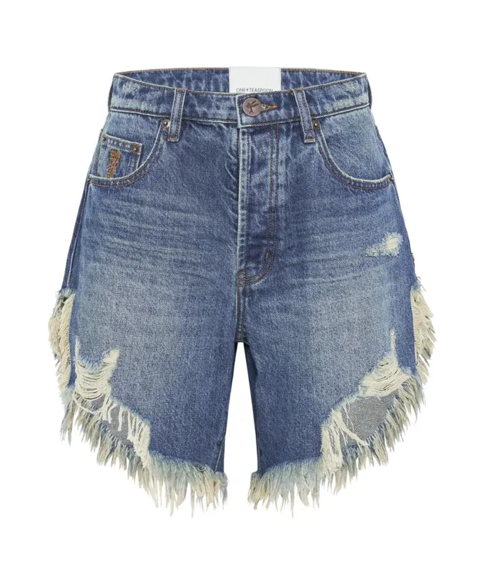 One Teaspoon Denim Shorts Women Gritty Blue Frankies High Waist Long Length Short
