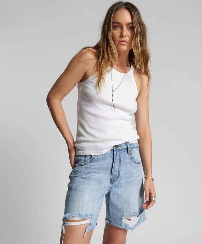 One Teaspoon Denim Shorts Women Ocean Jackson Mid Waist Wide Leg Shorts