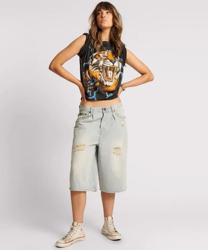 One Teaspoon Denim Shorts Women Old West Beastie Low Waist Wide Leg Denim Shorts