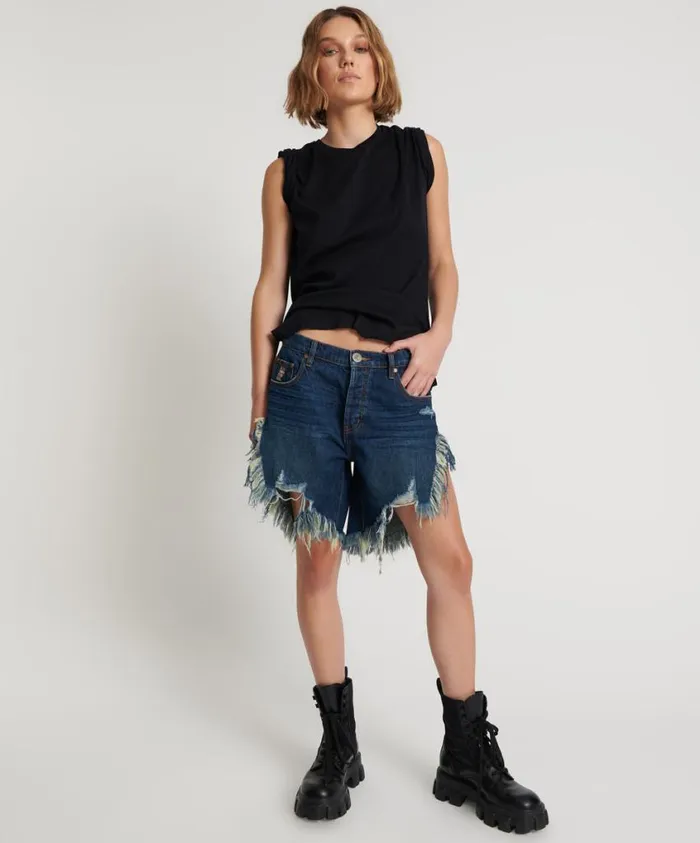 One Teaspoon Denim Shorts Women Royal Blue Frankies Long Length Denim Short