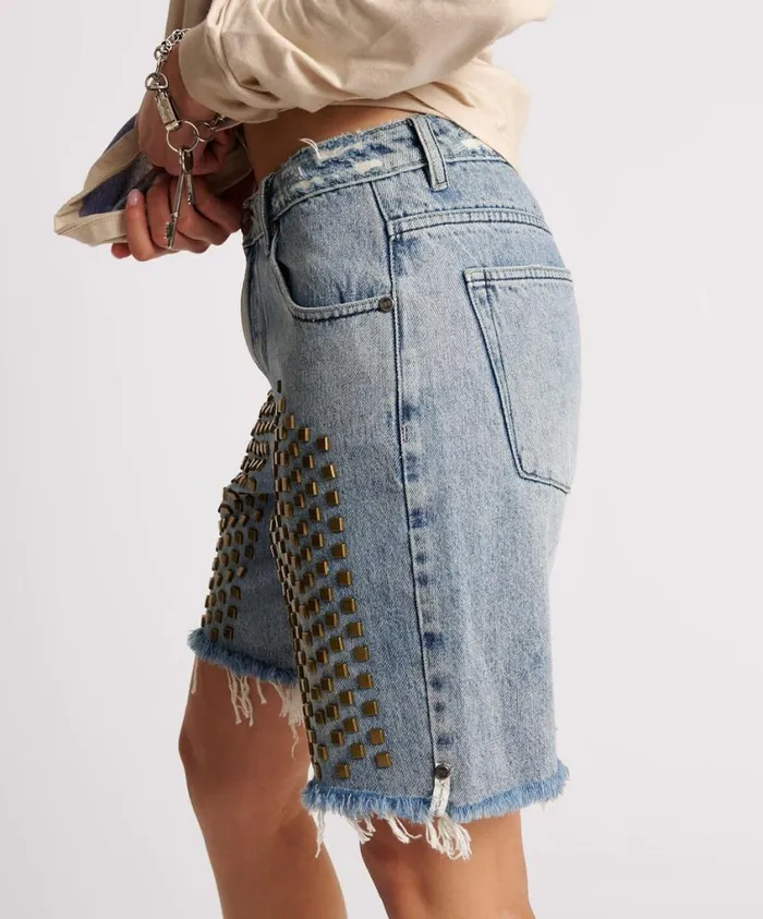 One Teaspoon Denim Shorts Women Studded Gladiator Jackson Mid Waist Wide Leg Short
