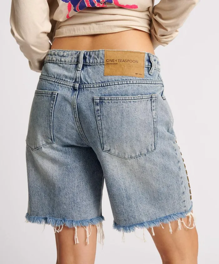 One Teaspoon Denim Shorts Women Studded Gladiator Jackson Mid Waist Wide Leg Short