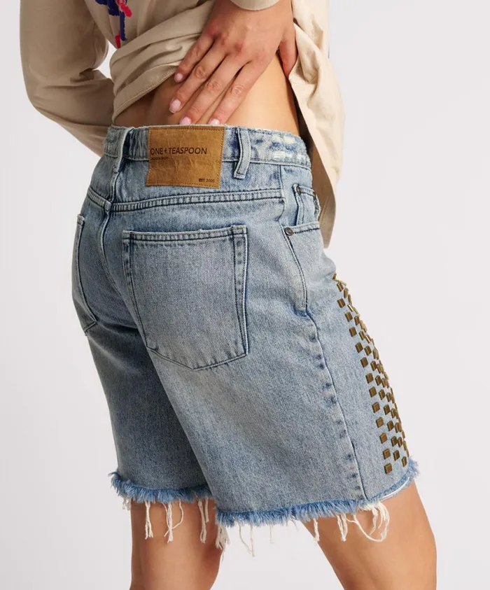 One Teaspoon Denim Shorts Women Studded Gladiator Jackson Mid Waist Wide Leg Short