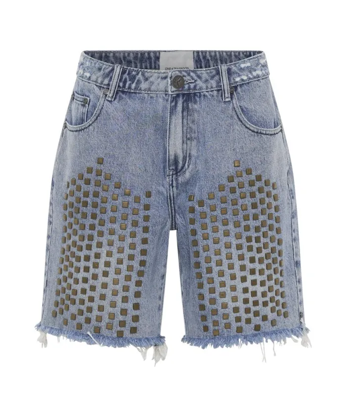 One Teaspoon Denim Shorts Women Studded Gladiator Jackson Mid Waist Wide Leg Short