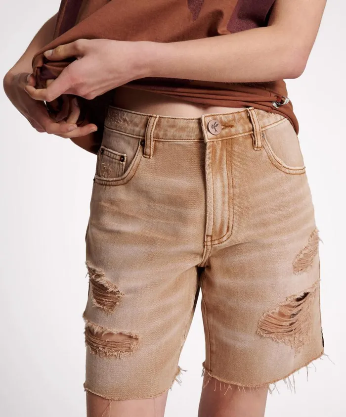 One Teaspoon Denim Shorts Women Tobacco Jackson Mid Waist Wide Leg Shorts
