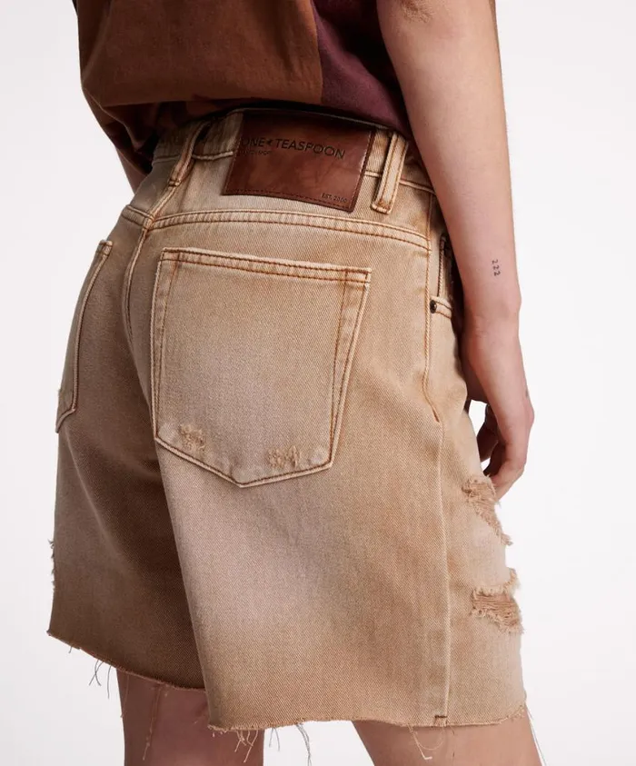 One Teaspoon Denim Shorts Women Tobacco Jackson Mid Waist Wide Leg Shorts