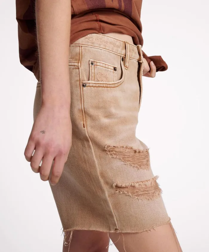 One Teaspoon Denim Shorts Women Tobacco Jackson Mid Waist Wide Leg Shorts