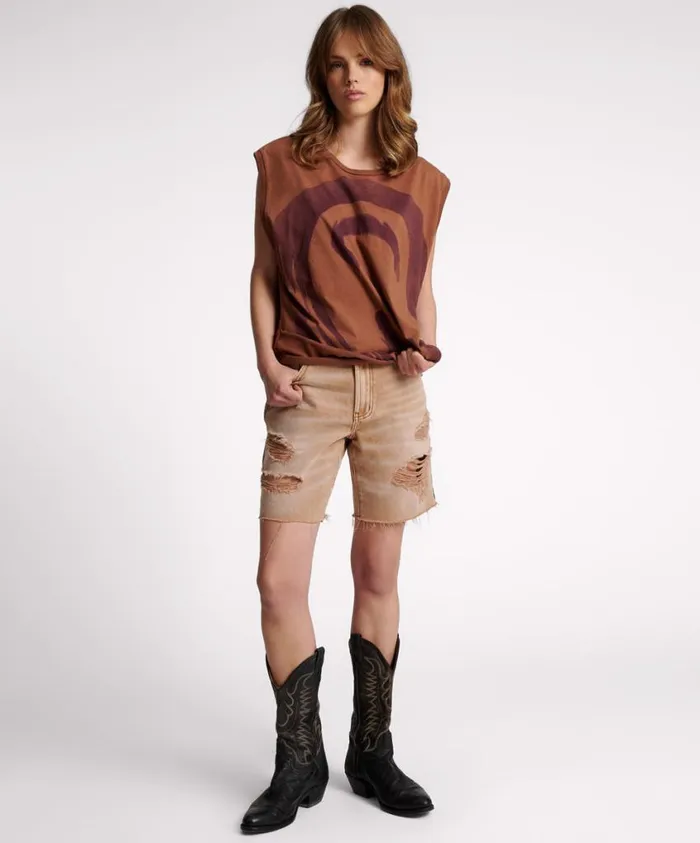 One Teaspoon Denim Shorts Women Tobacco Jackson Mid Waist Wide Leg Shorts