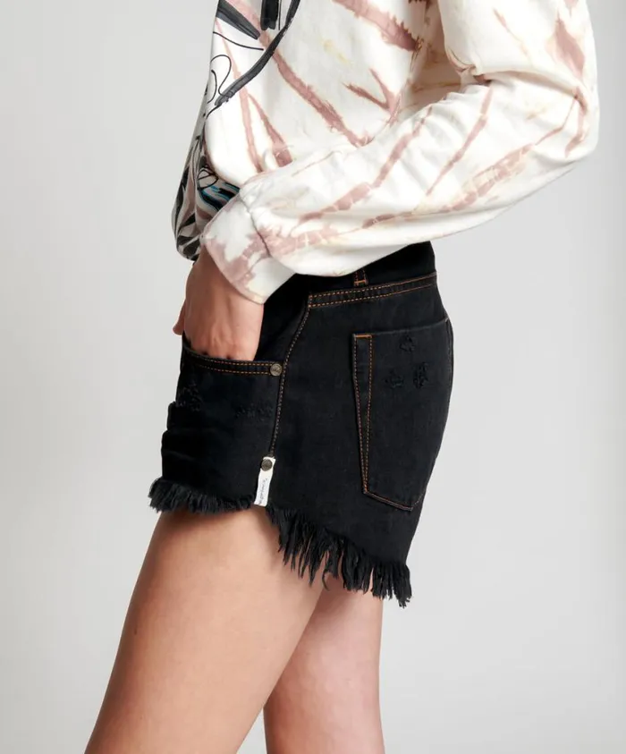 One Teaspoon Denim Shorts Women WORN BLACK DUKES LOW WAIST MINI DENIM SHORTS