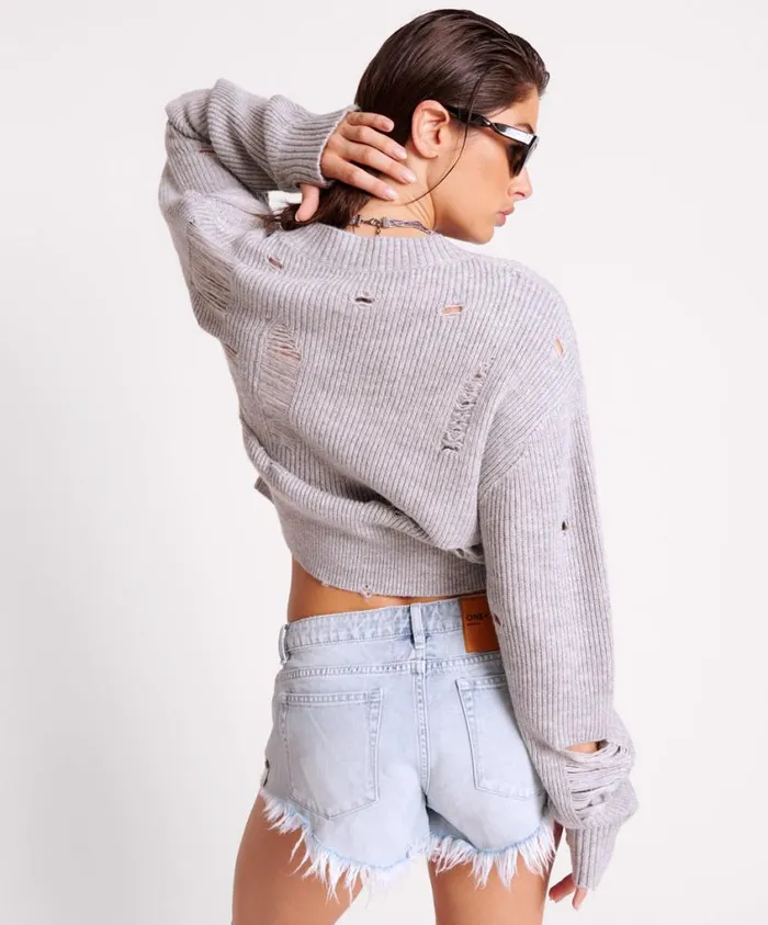 One Teaspoon Knitwear Women Grey Distressed Sweater With Laddered VNeck