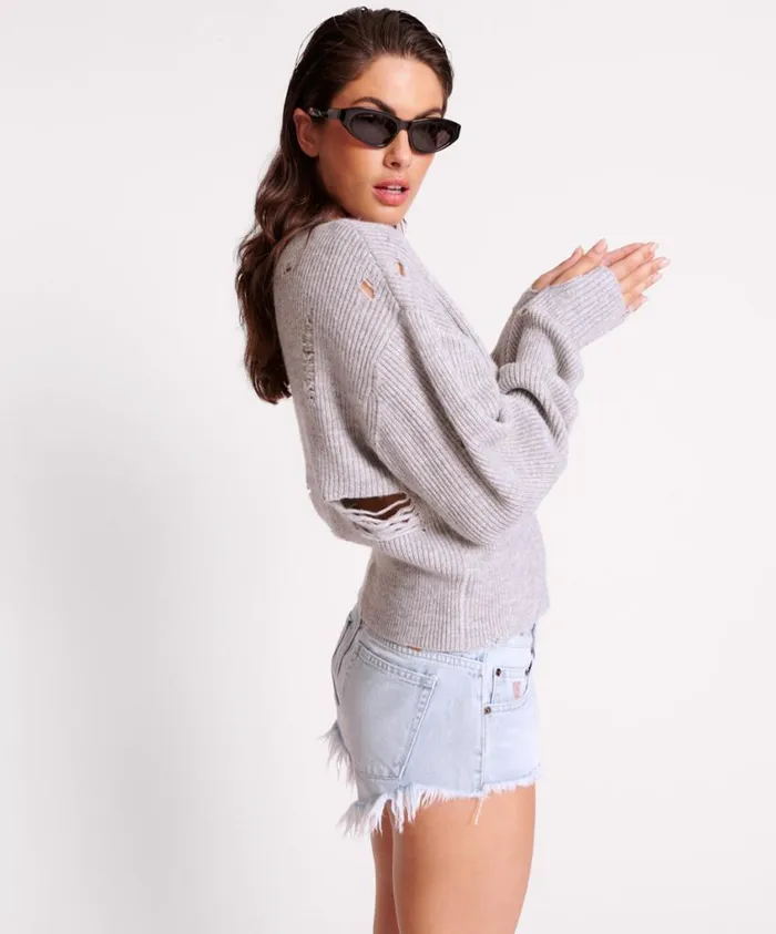 One Teaspoon Knitwear Women Grey Distressed Sweater With Laddered VNeck