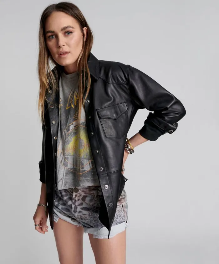 One Teaspoon Leather Jackets Women Aria Leather Oversized Shacket Black