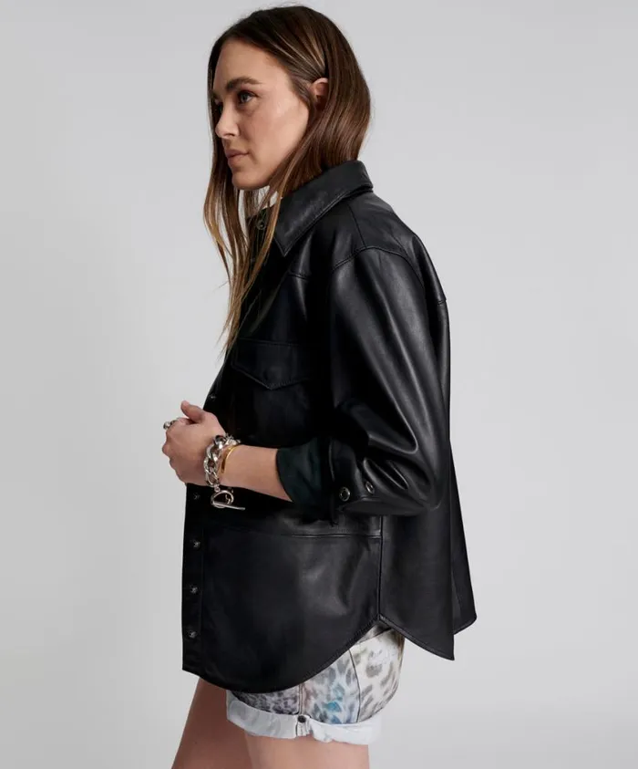 One Teaspoon Leather Jackets Women Aria Leather Oversized Shacket Black