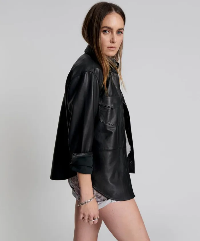 One Teaspoon Leather Jackets Women Aria Leather Oversized Shacket Black