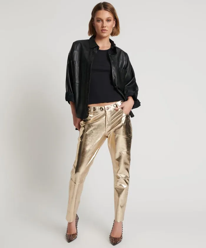 One Teaspoon Leather Women Gold Leather Heart Break Hotel Drop Crotch Pants