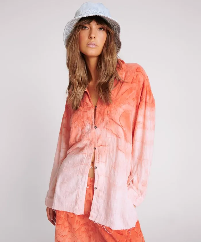 One Teaspoon Shirts Women Hand Painted Sunset Muslin Longline Shirt