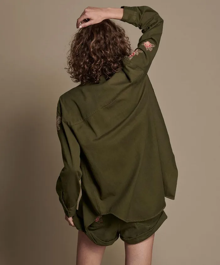 One Teaspoon Shirts Women Olive Wild Rose Military Shirt OneTeaspoon